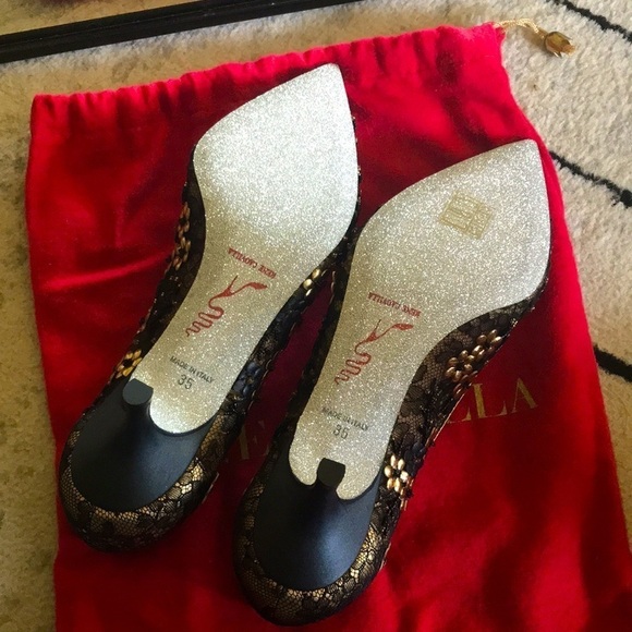 Rene Caovilla Black Gold Calf Flowers Kitten Heels